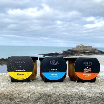 Installation Pack: 12 Babas Jars with Rum from Marie-Galante and Vanilla from Madagascar, 380g, 6 Babas Jars with Limoncello and Corsican Lemons 380g, 6 Babas Jars with Cointreau and Oranges from Corsica, 380g