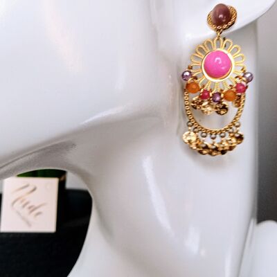 ''Chip'' earrings in 316l hypoallergenic stainless steel and natural stones (pink carnelian)