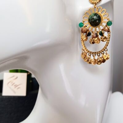 ''Chip'' earrings in 316l hypoallergenic stainless steel and natural stones (Quartz, olivine, peridot)