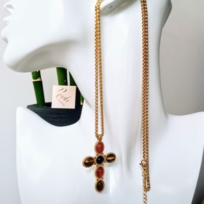Long necklace cross (palm chain 65 cm) with stone cross pendant and diamond tower