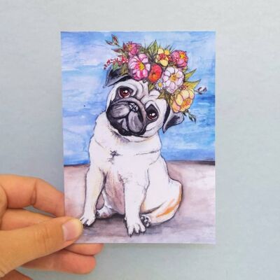 Postcard pug with flowers dog card Din A6 10 pieces