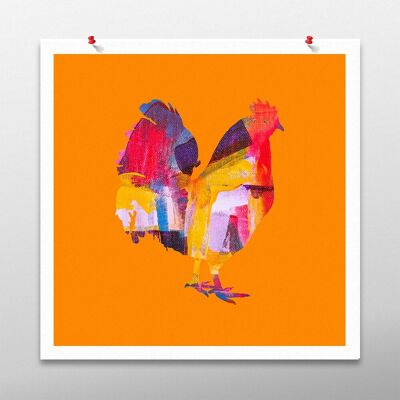 Chicken Bird Artwork, Orange Wall Art, Poster Print - Unframed