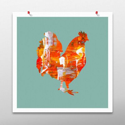 Chicken Bird Artwork, Green Wall Art, Poster Print - Unframed