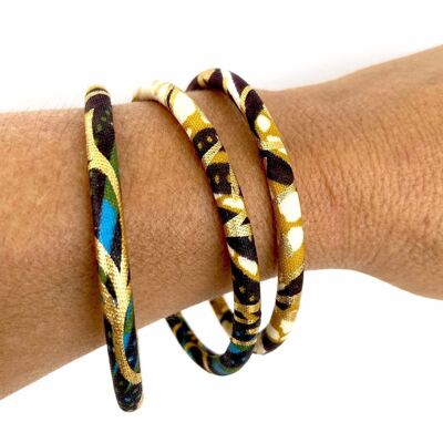 Bangle bracelet in ecru/mustard/black/gold African wax.