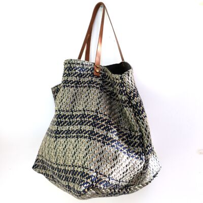 Blue and gray lurex graphic tote with plain black interior