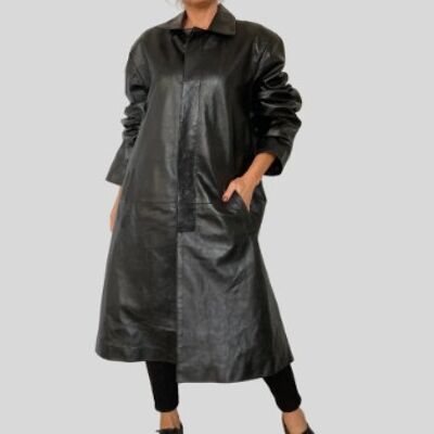 Black Leather Long Trench