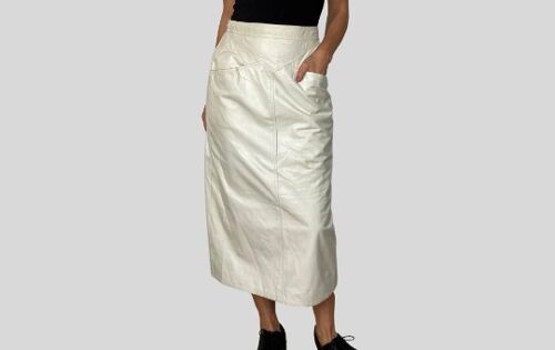 Vintage Ivory Leather Skirt With Pockets