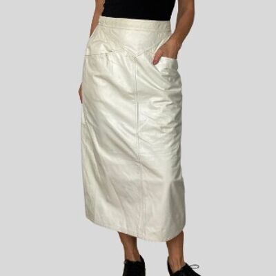 Vintage Ivory Leather Skirt With Pockets