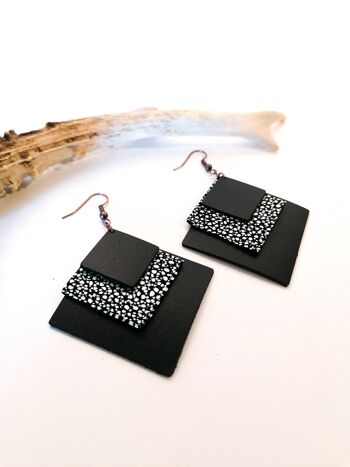 Boucles d'oreilles SQUARE - Cuir - Noir 2