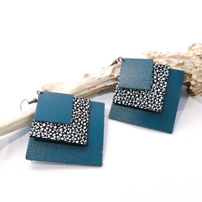 SQUARE earrings - Leather - Duck blue