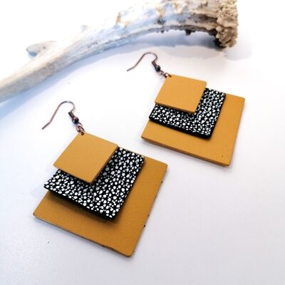 SQUARE earrings - Leather - Mustard yellow