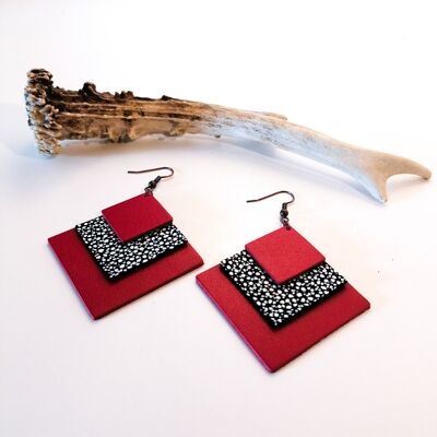 SQUARE earrings - Leather - Red