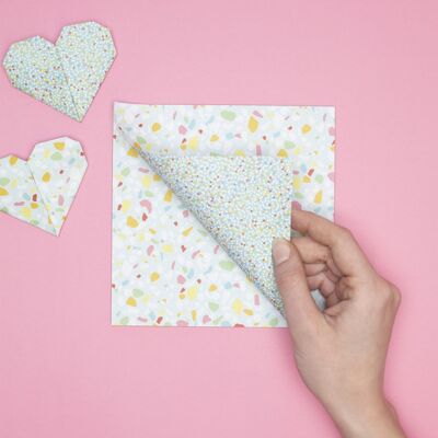 Origami paper for modern DIY Easter decorations - two-sided craft paper with terrazzo pattern and sugar pearls, 25 sheets, 15cm - recycled paper