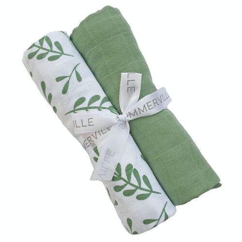 Organic muslin 2-pack floral green GOTS