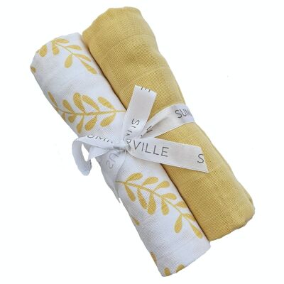 Lot de 2 mousseline bio fleuri jaune GOTS