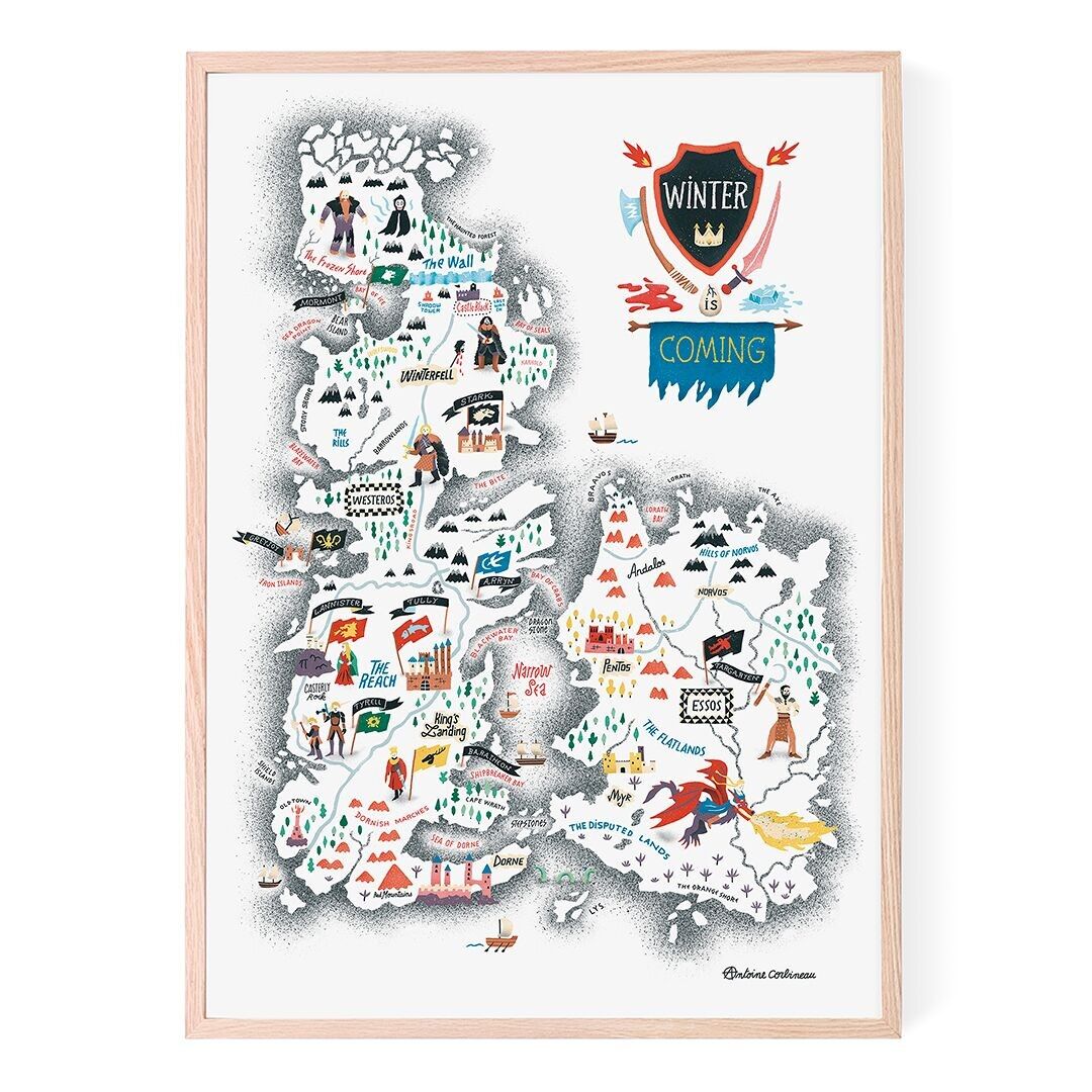 Affiche illustrée de Game of thrones Winter is coming par Antoine Corbineau