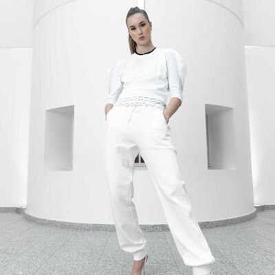 Pantalone jogger bianco unisex in felpa di cotone biologico al 100%.