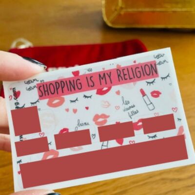 Aufkleber für Kreditkarte "Shopping is my religion"