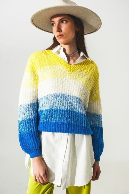 Chunky v neck wool mix jumper in yellow