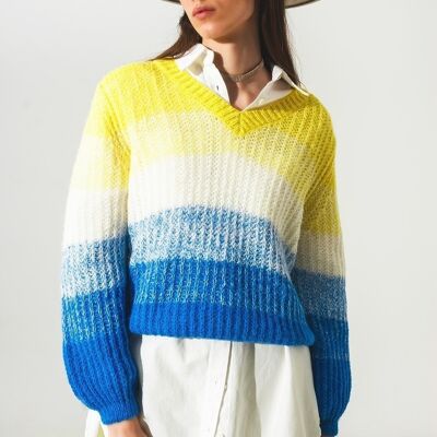 Grobstrickiger Pullover aus Wollmischung mit V-Ausschnitt in Gelb