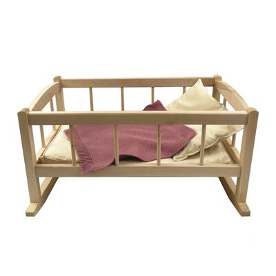 WOODEN DOLL CRADLE WITH PATCHWORK BLANKET