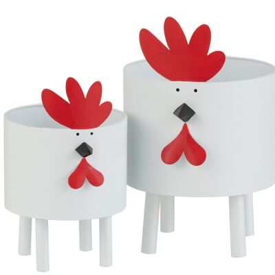 Set de 2 pots poule metal blanc/rouge