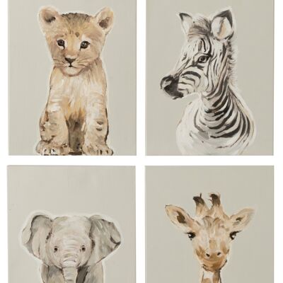 Peinture animaux safari toile/bois marron/gris assortiment de 4