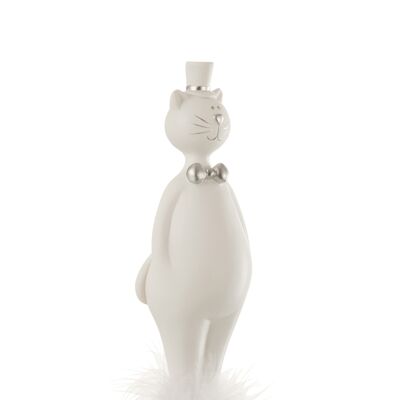 Chat + chapeau resine blanc/argent medium