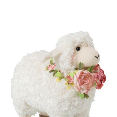 Mouton couronne de fleurs peluche blanc/rose large