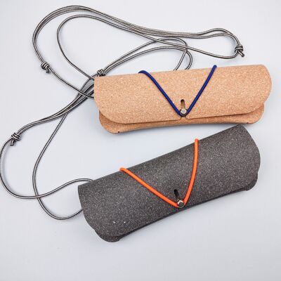 Recycled leather glasses case with adjustable cord