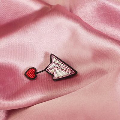 Mini airplane & heart brooch handmade cannetille embroidery - Valentine's Day gift idea