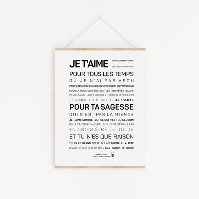 Affiche Je t'aime par Paul Eluard A2