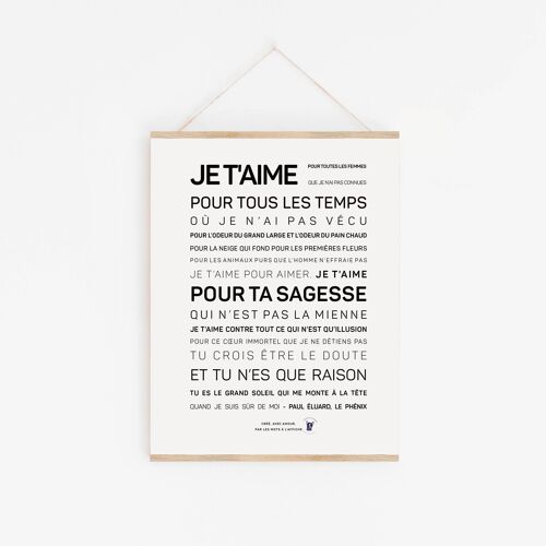 Affiche Je t'aime par Paul Eluard A3