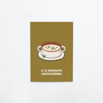Postcard made of thick beer mat cardboard "Brennsuppn", 1 PU = 10 cards