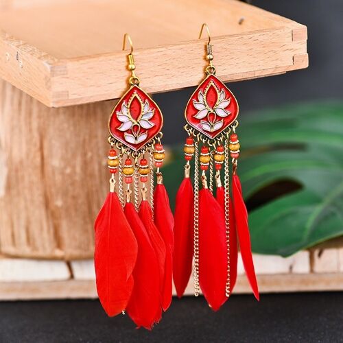 Ethnic Beaded Tassel Feather Earrings