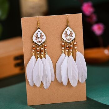 Boucles d'Oreilles Ethnique Perlée Pampille Plume 3