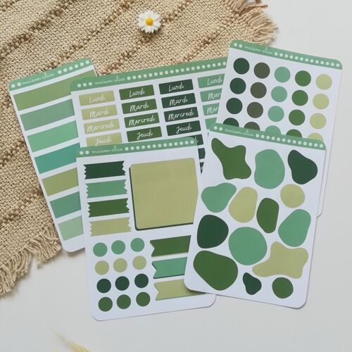 Pack de 5 planche de stickers d'organisation vert pour bullet journal et agenda