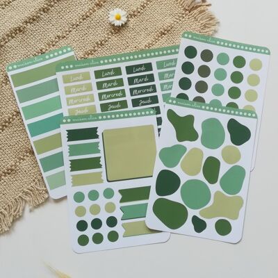 Pack of 5 sheet of green organization stickers for bullet journal and diary