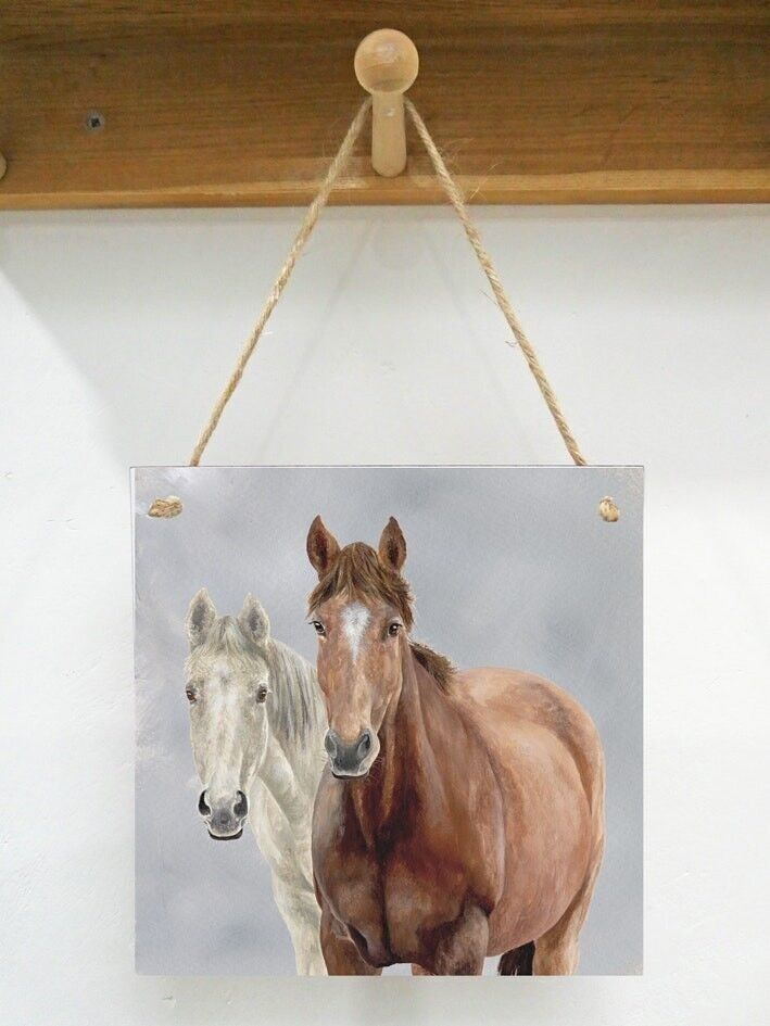 Placa de arte colgante, ceniza y estrella, pareja de caballos