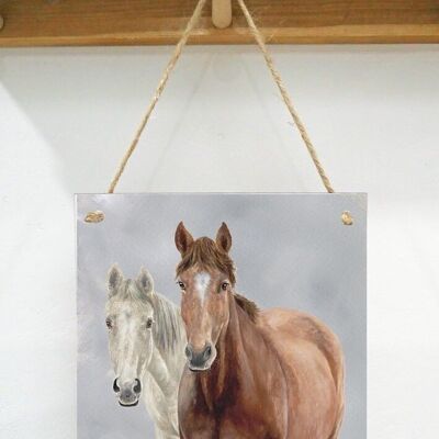 Placa de arte colgante, ceniza y estrella, pareja de caballos