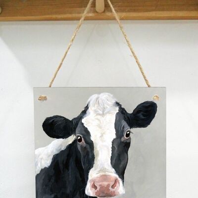 Hanging Art plaque, Myrtle,Friesian cow, on Grey