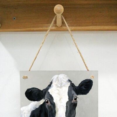 Hanging Art plaque, Myrtle,Friesian cow, on Grey