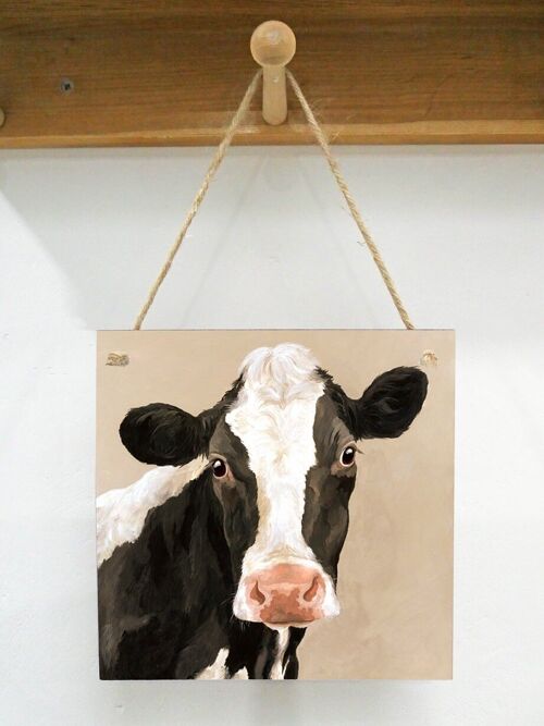 Hanging Art plaque, Myrtle, Friesian cow, on Taupe