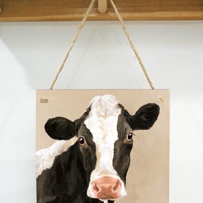Placa de arte colgante, mirto, vaca frisona, en gris topo