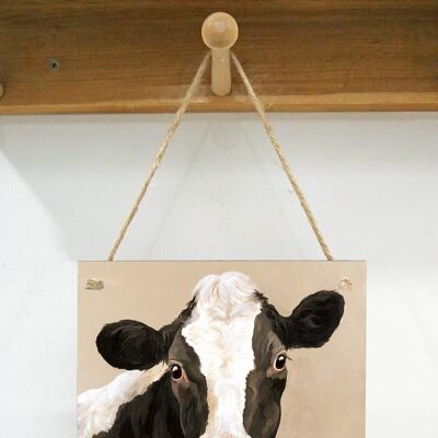 Hanging Art plaque, Myrtle, Friesian cow, on Taupe