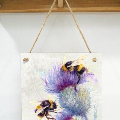 Placa de arte colgante, abejas en cardo
