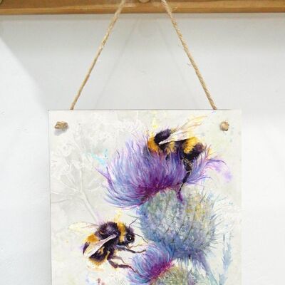Placa de arte colgante, abejas en cardo