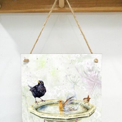 Hanging Art plaque, Bath Time, Garden birds