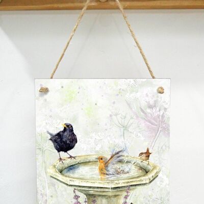 Placa de arte colgante, hora del baño, pájaros de jardín