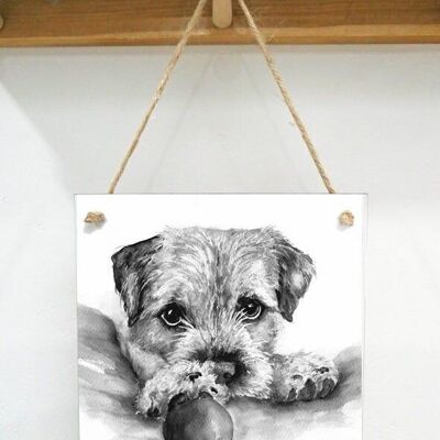 Hanging Art plaque, Murray, Border Terrier,Monochrome